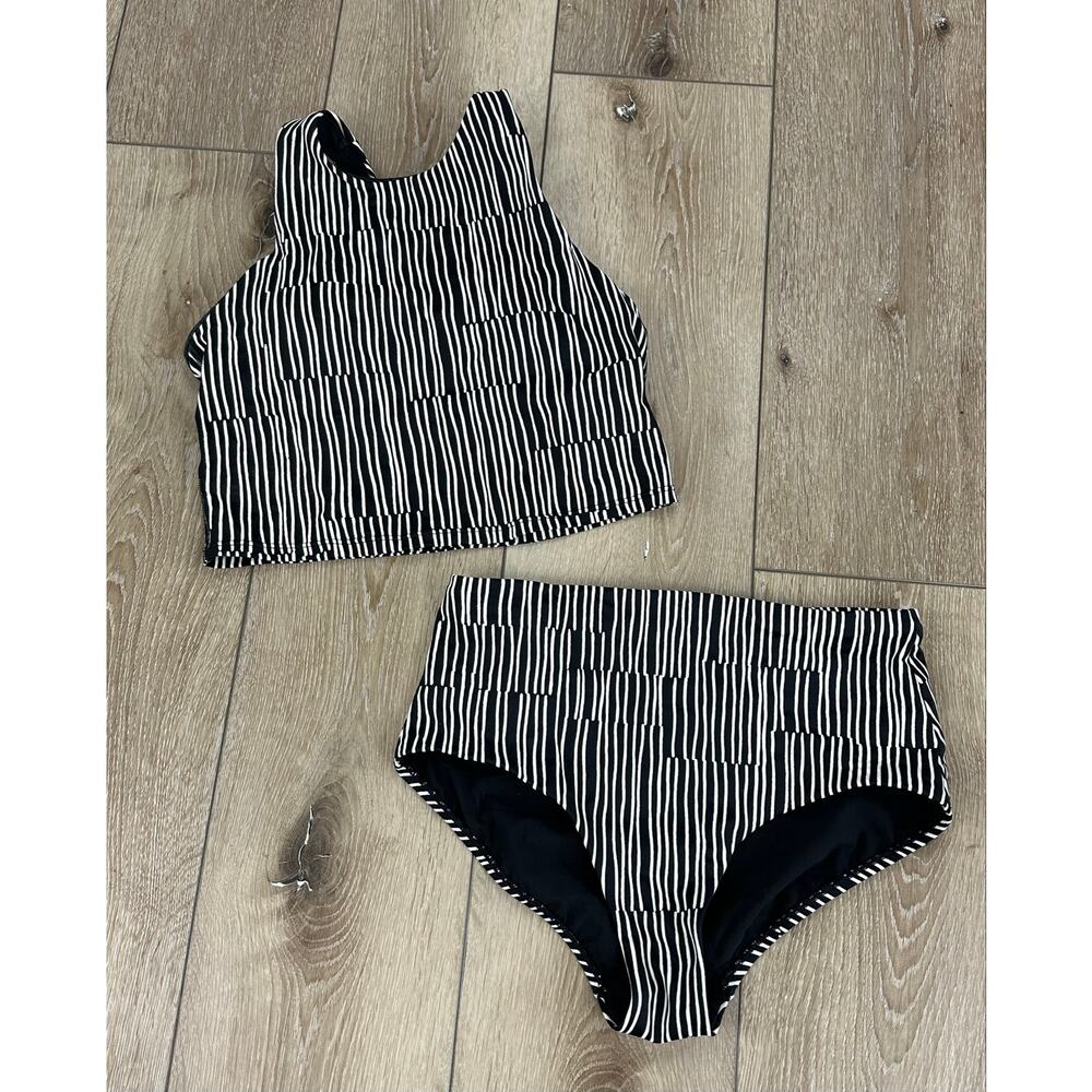 Athleta Swim Set Small Black White Striped High Neck Bikini High Rise Bottom